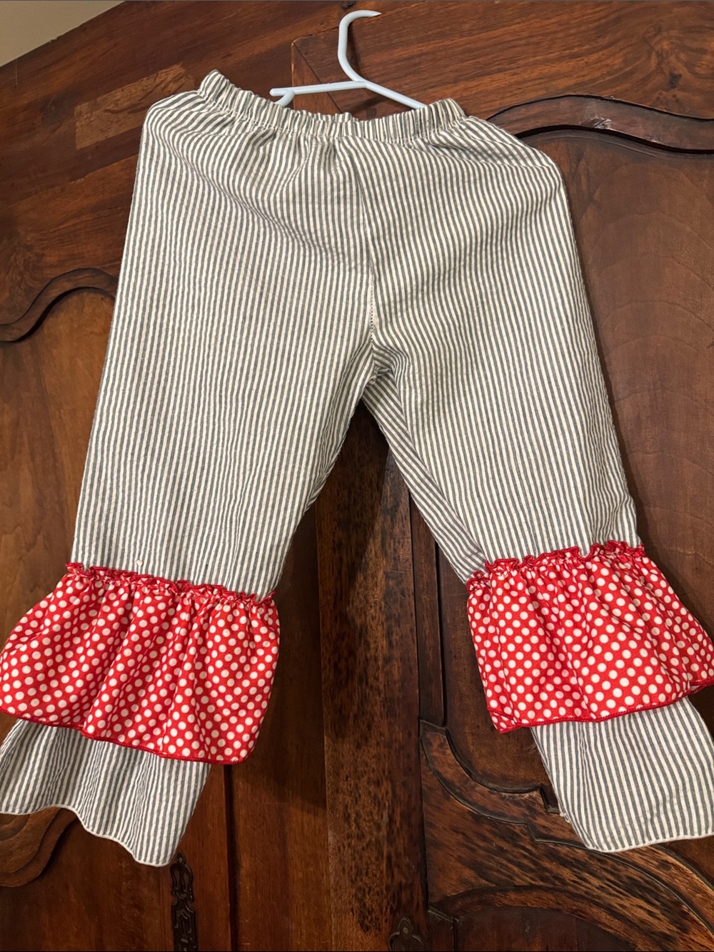 Girls' Cream & Gray Striped Ruffle Hem Pants with Red Polka Dot Trim